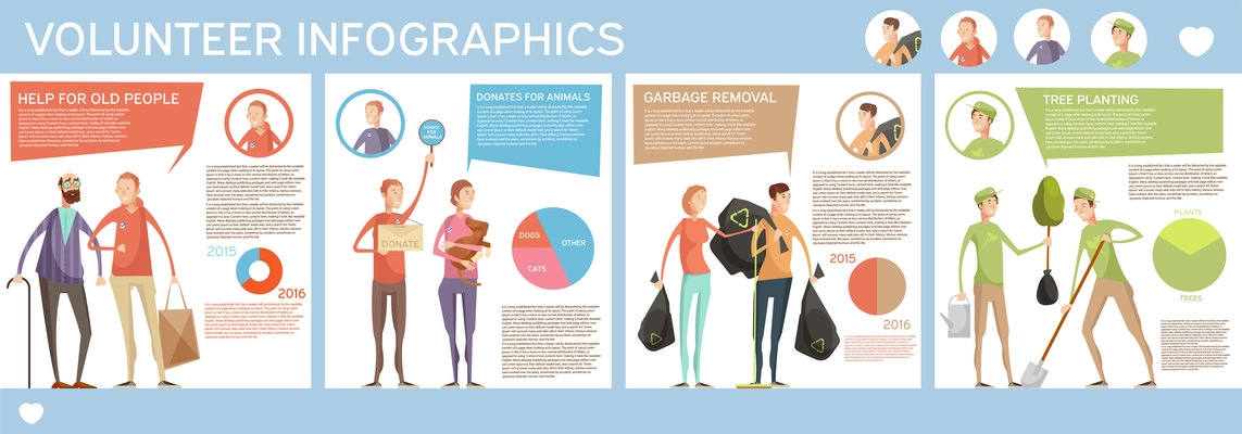 Volunteer infographics describing various types of volunteering actions with people characters diagrams text and speech bubbles vector illustration