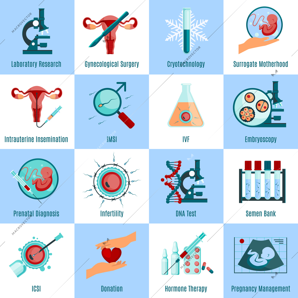 Artificial insemination square icons set with medicine symbols flat isolated vector illustration