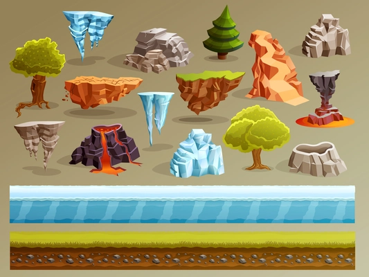 Game cartoon elements set with pieces of fantasy landscapes trees stones ice cellar and vulcanic edifice vector illustration