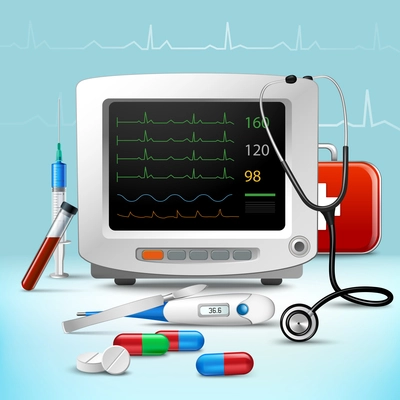 Realistic medical emergency services accessory set with heartbeat monitor and ambulance elements vector illustration