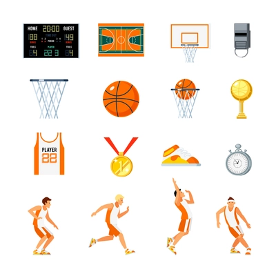 Basketball orthogonal icons set with players trophies whistle stopwatch backboard court and sports uniform isolated vector illustration