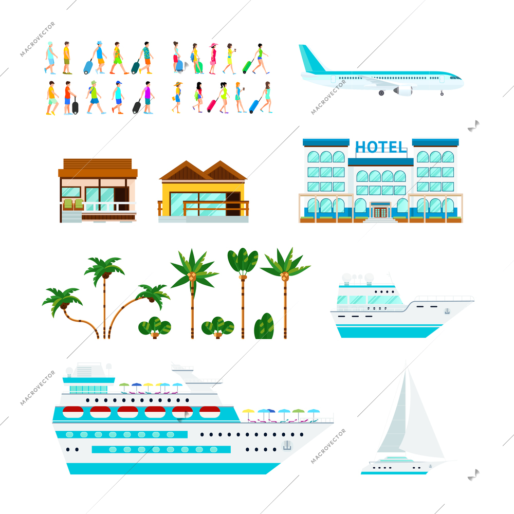 Cruise set with flat isolated images of tourists palms ocean liners yacht plane and beach hotel vector illustration