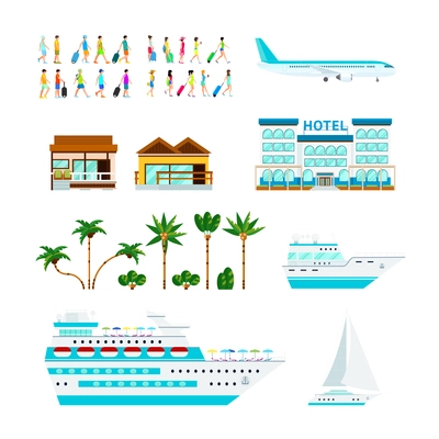 Cruise set with flat isolated images of tourists palms ocean liners yacht plane and beach hotel vector illustration