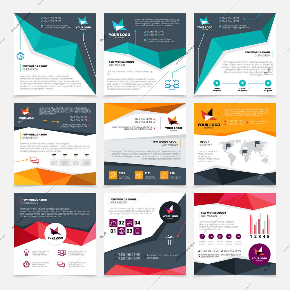 Company flyer templates set with mission and data symbols flat isolated vector illustration