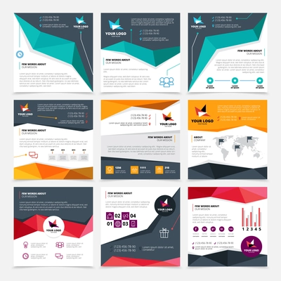 Company flyer templates set with mission and data symbols flat isolated vector illustration