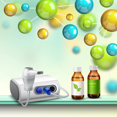 Medical realistic composition with heat gun botanical medication mixtures on shelf and colorful glossy molecules above vector illustration