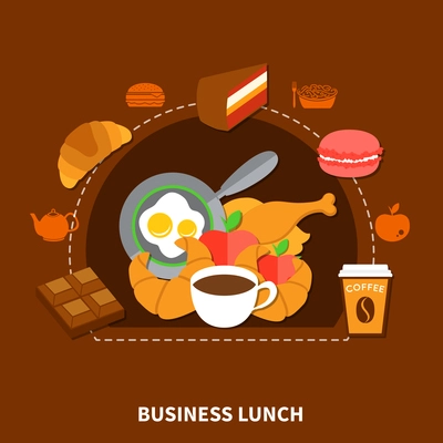 Fast food restaurant best choice business lunch menu  poster with chicken fried eggs coffee flat vector illustration