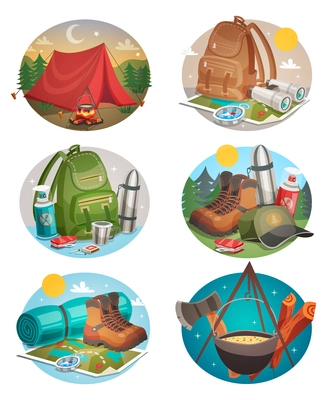 Camping set of round compositions with tent bonfire backpack and boots compass and map isolated vector illustration