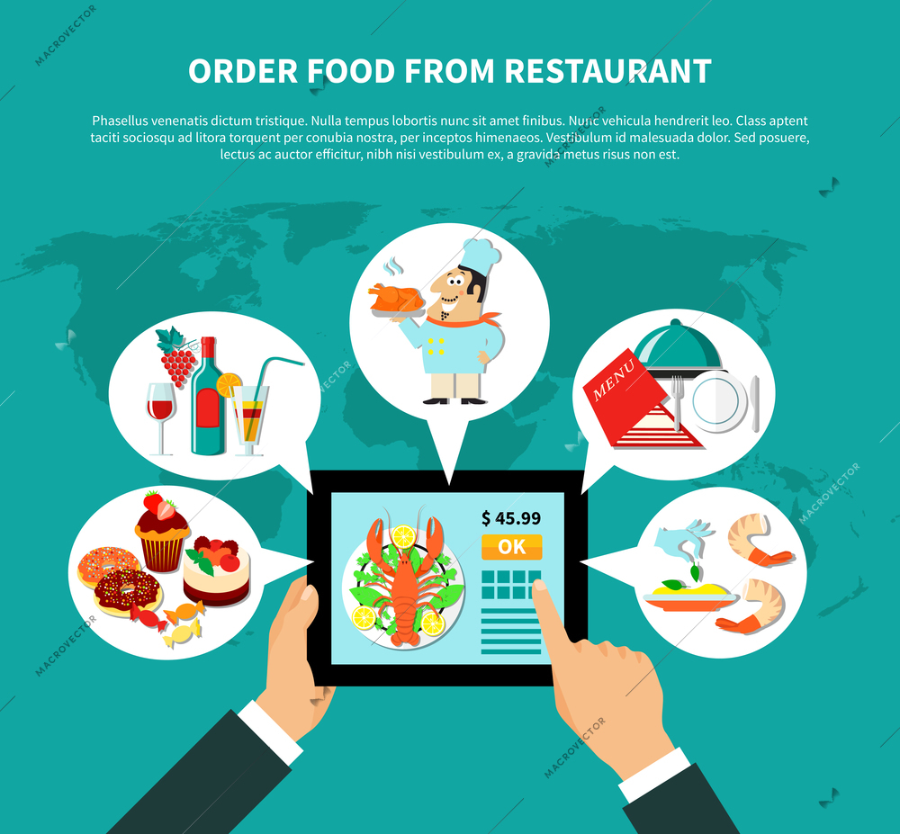 Restaurant infographical concept with human hands holding tablet with online food ordering apps and thought bubbles vector illustration