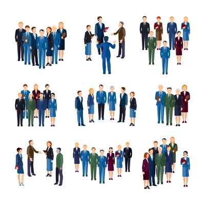 Businessmen and women professionals formally dressed working in office  people groups flat icons collection isolated vector illustration