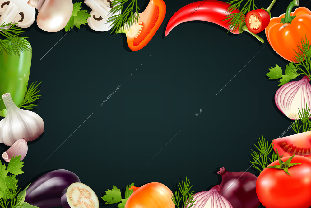 Black background with colorful frame containing realistic vegetables icons so as pepper eggplant tomato onion greengrocery vector illustration