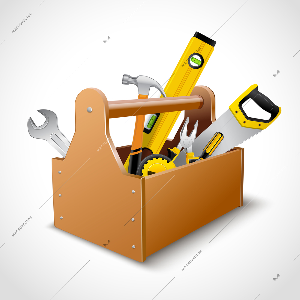 Decorative realistic wooden toolbox concept emblem poster with saw hammer spanner and level vector illustration