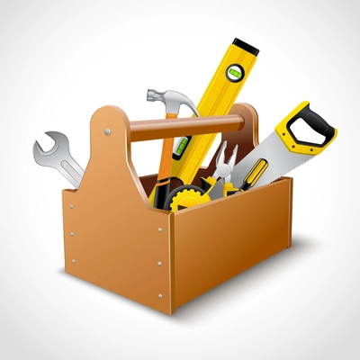 Decorative realistic wooden toolbox concept emblem poster with saw hammer spanner and level vector illustration