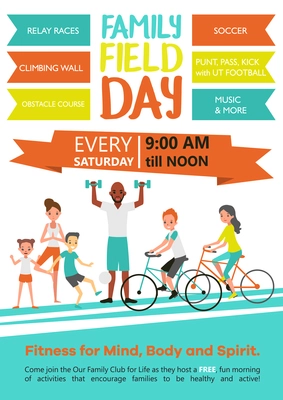 Family fitness template with active healthy sport parents and children in flat style vector illustration