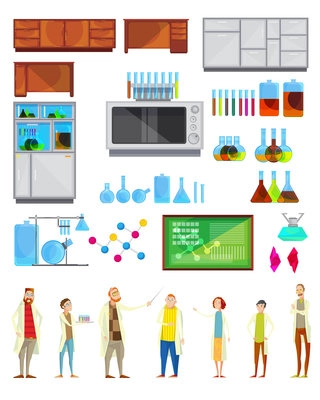 Interior constructor set of isolated chemical laboratory stuff furniture equipment and doodle teachers and students characters vector illustration