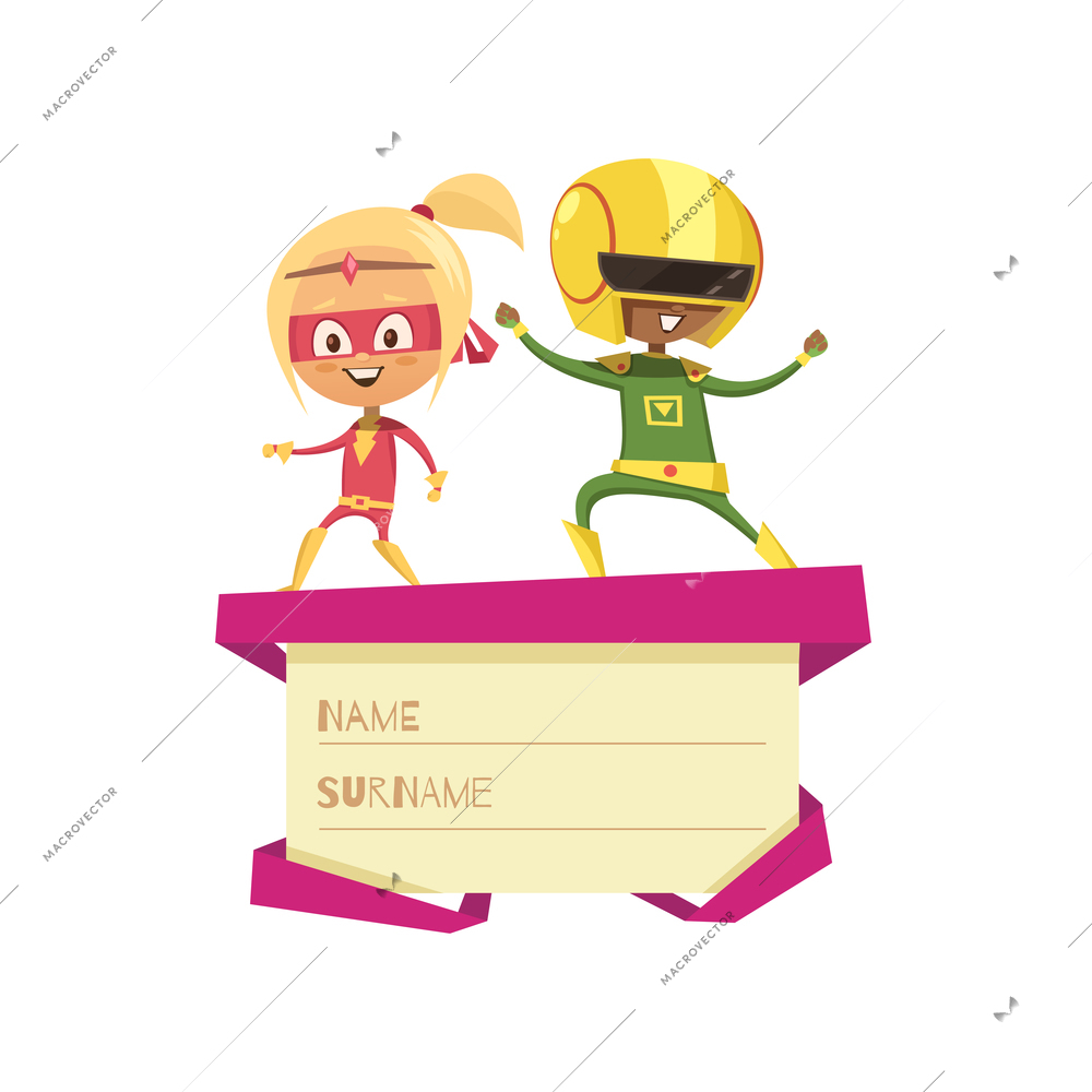 Funny little girl and boy dressed as superheroes and dancing on lid of gift box flat cartoon vector illustration