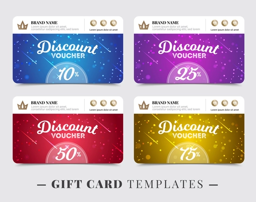 Gift card templates with stripe for brand name discount on background of falling stars isolated vector illustration