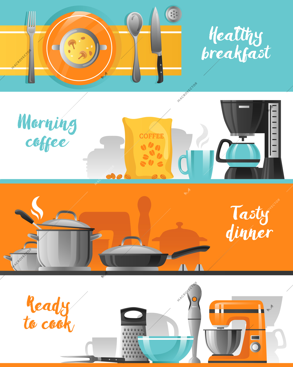Kitchen utensil flat horizontal banners collection with tableware for breakfast coffee machine mixer blender and kitchenware for cooking vector illustration