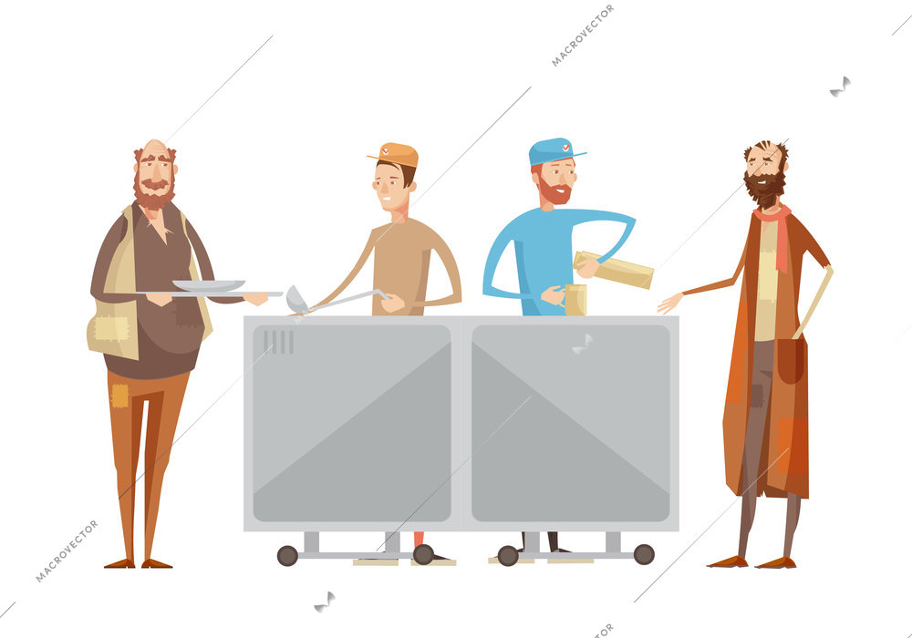 Volunteering composition with flat characters of volunteers in uniform dispensing drinks and food to rough sleepers vector illustration