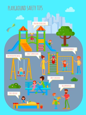 Playground infographics with flat colorful cartoon childrens playground urban scenery people characters and rectangular thought bubbles vector illustration