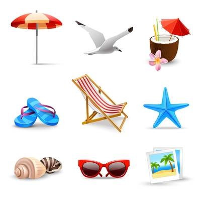 Realistic summer holidays seaside beach icons set isolated vector illustration