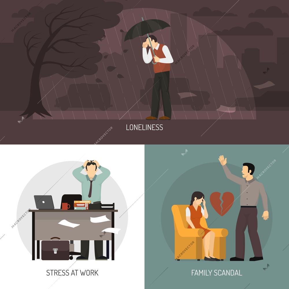 Depression 2x2 design concept with loneliness stress at work and family scandal compositions flat vector illustration