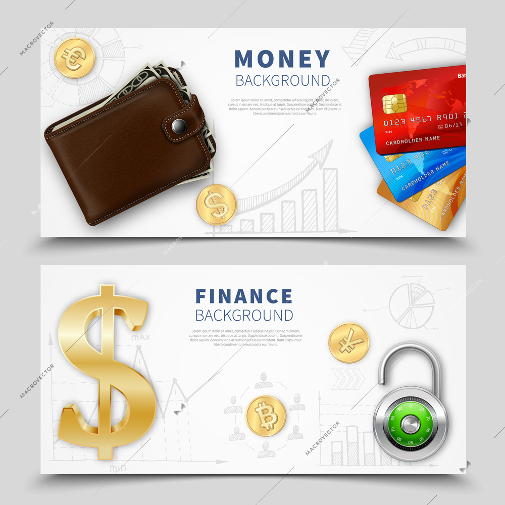 Realistic money horizontal banners with leather wallet colorful bank cards padlock dollar sign gold coins vector illustration