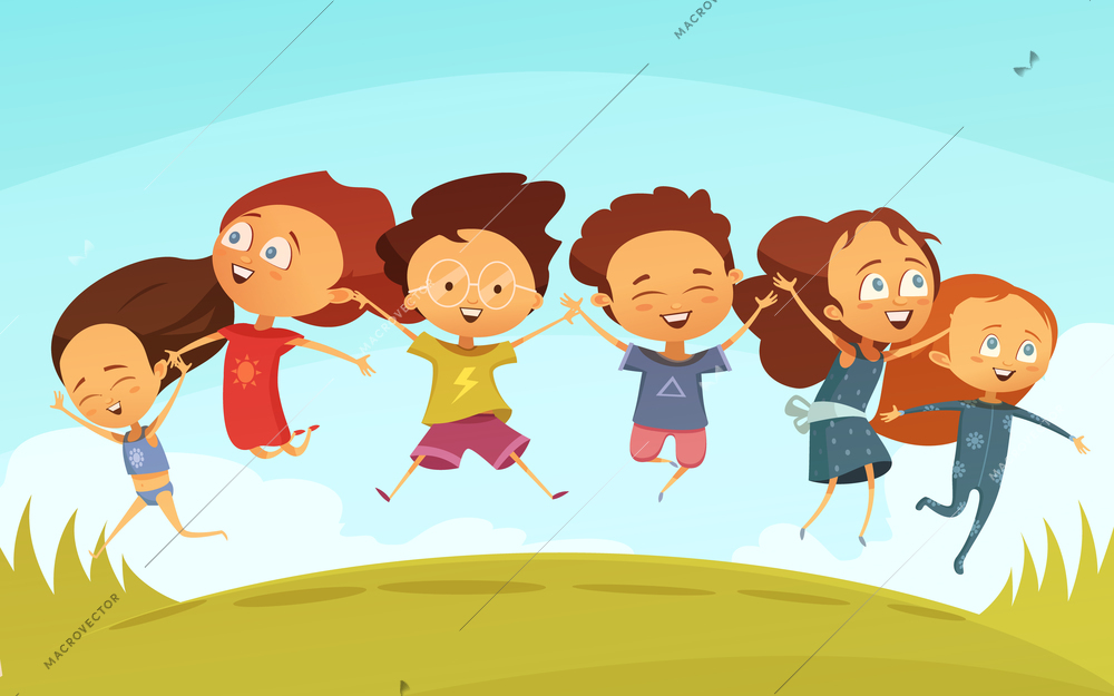 Cartoon team of cheerful friends holding hands and jumping together outdoors flat vector illustration in retro style