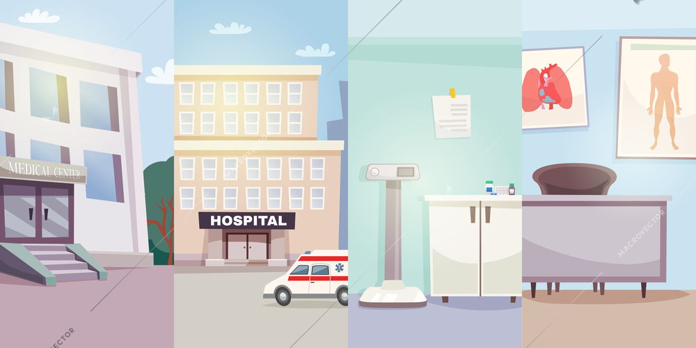 Medicine vertical banners with medical center hospital ambulance car and doctor offices vector illustration