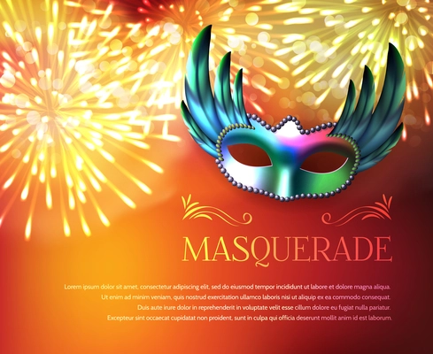 Masquerade background poster with glossy winged carnival mask festive fireworks and decorative text available for editing vector illustration