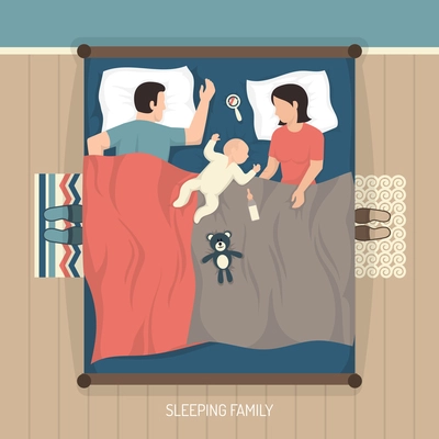 Top view of young family sleeping at home on double bed with nursing baby flat vector illustration