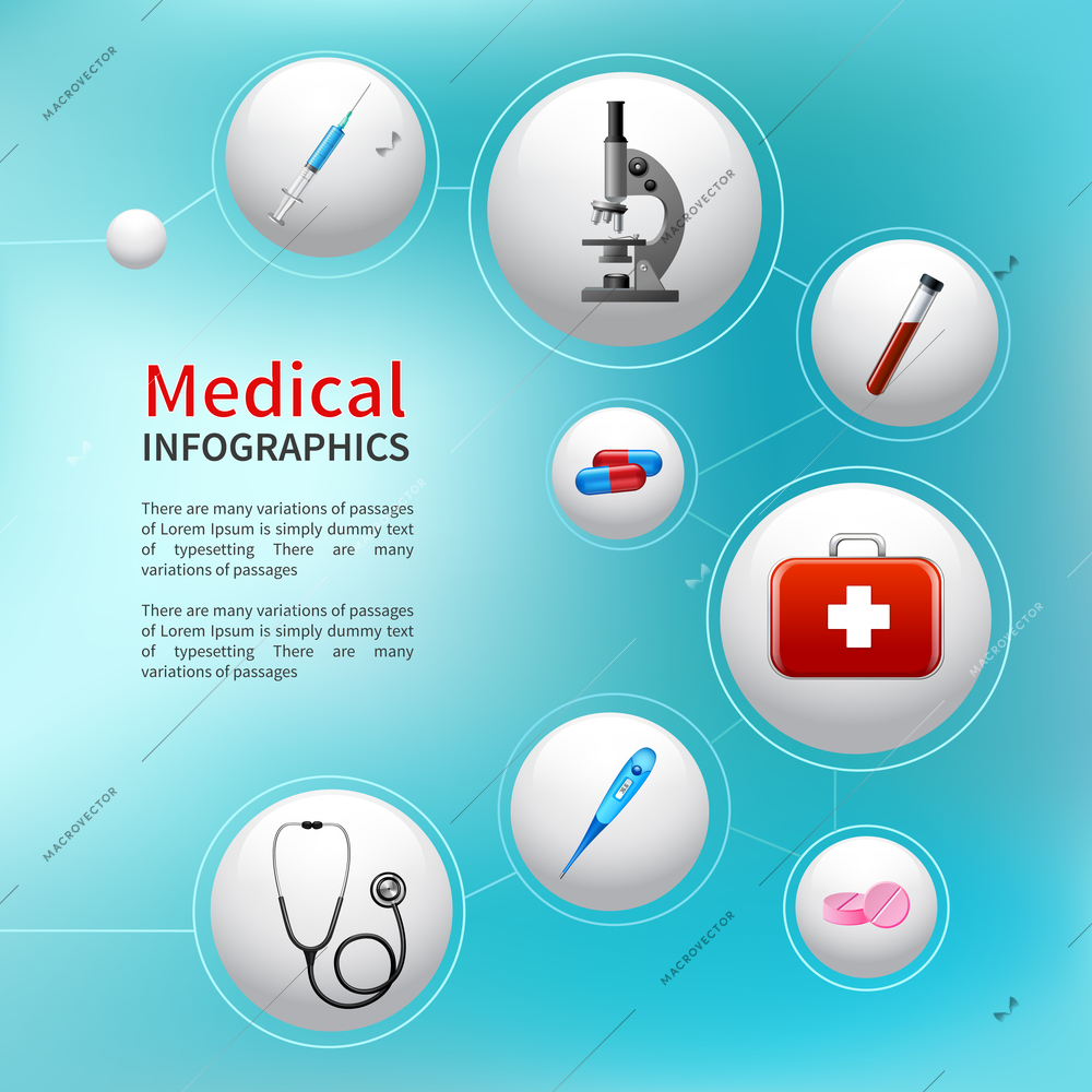 Medical pharmacy ambulance bubble infographic with realistic healthcare icons vector illustration