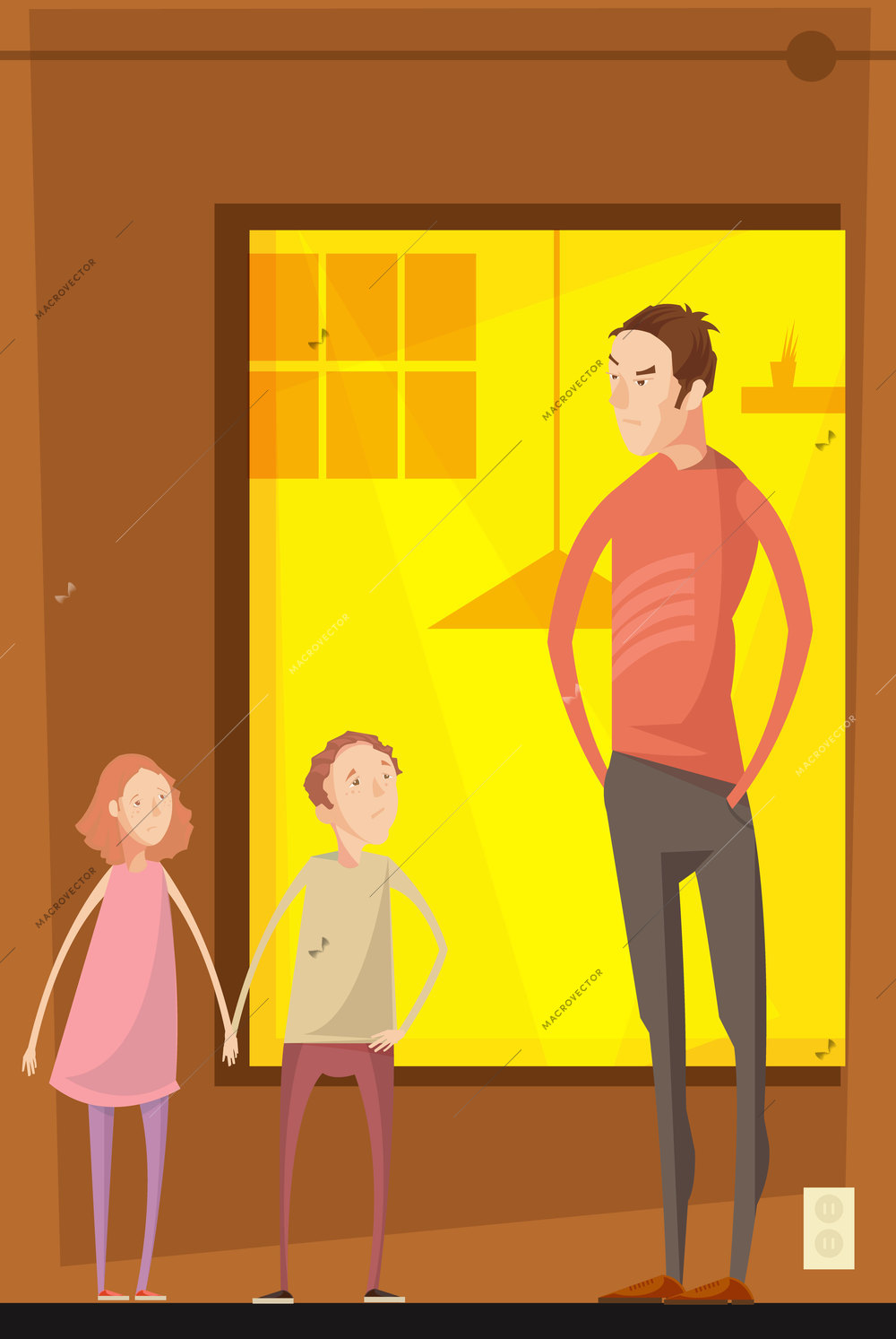 Adults abuse children indoor composition with flat characters of teenager siblings having quarrel with their father vector illustration