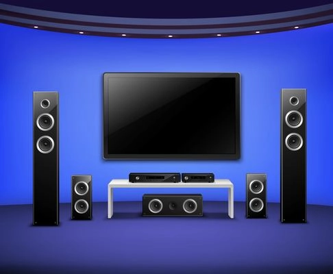 Home theater realistic interior concept with attached to the wall tv acoustic speakers and video player vector illustration