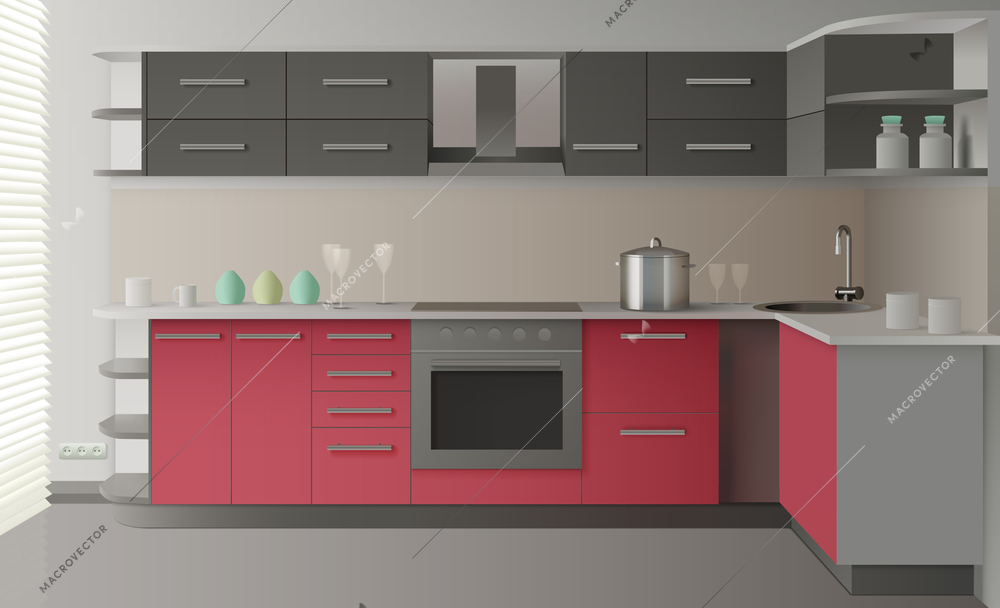 Colored and realistic modern kitchen interior with drawers shelves oven light colors vector illustration