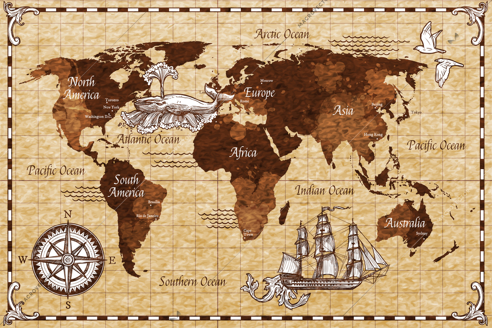 Hand drawn sketch retro world map with lettering doodle vector illustration