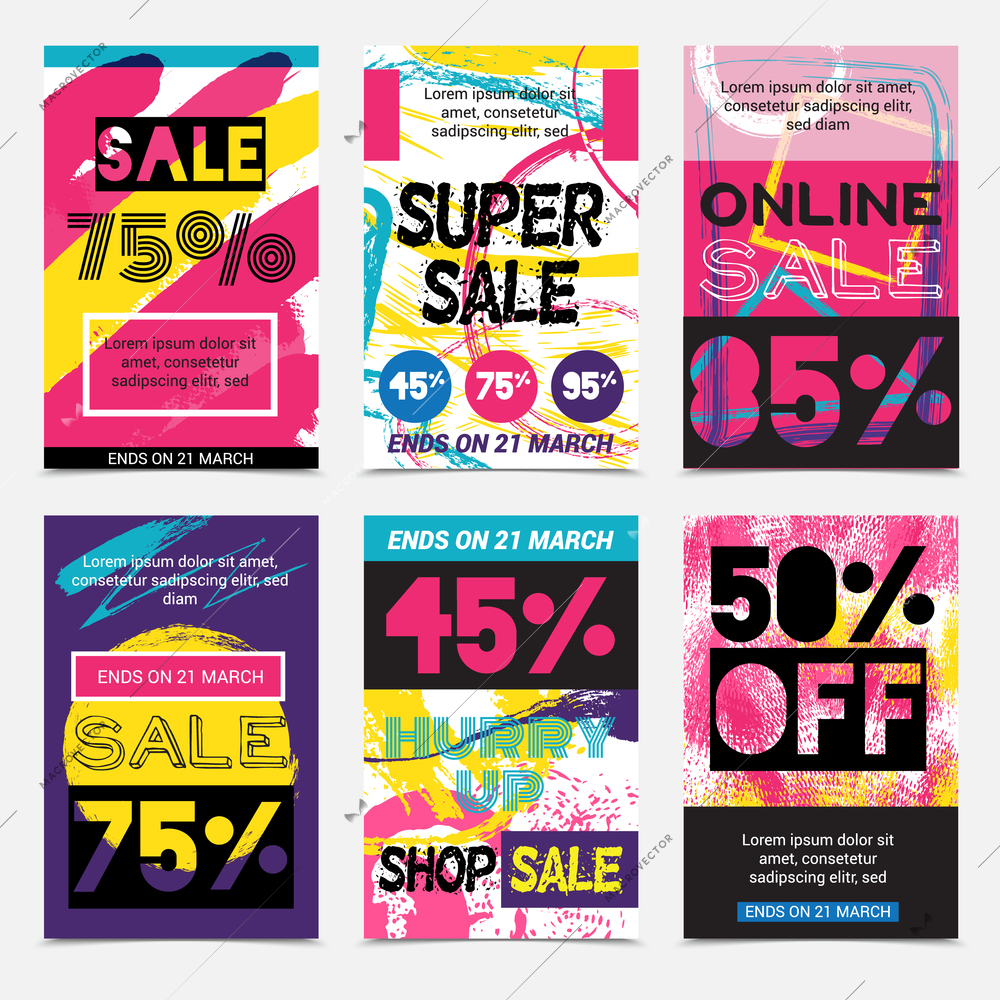 Set of bright posters with online sale and discounts on textured colorful backgrounds isolated vector illustration