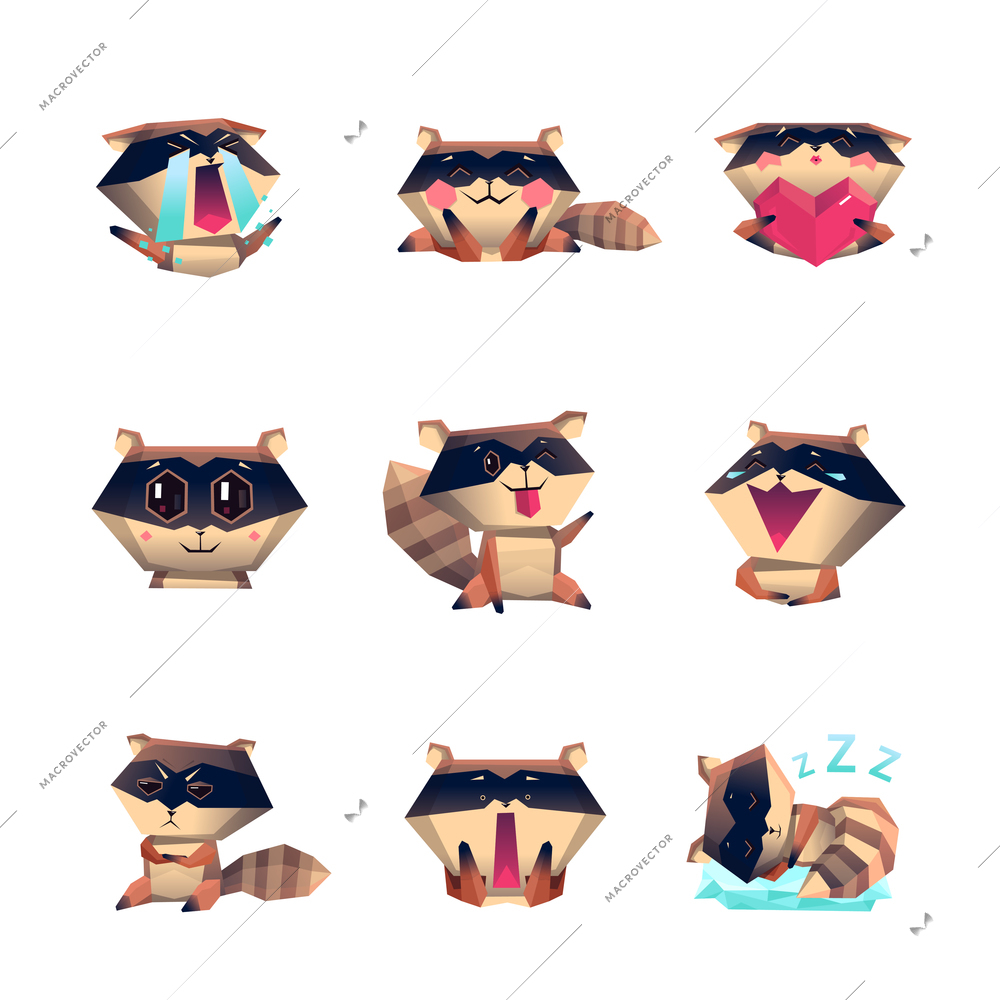 Set of cartoon character raccoon with various emotions including happiness anger and in sleep isolated vector illustration