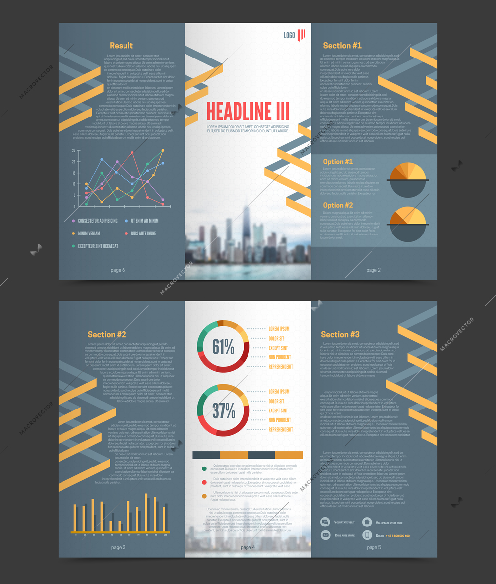 Two fold flyer template for business presentation in company colored and in modern style vector illustration