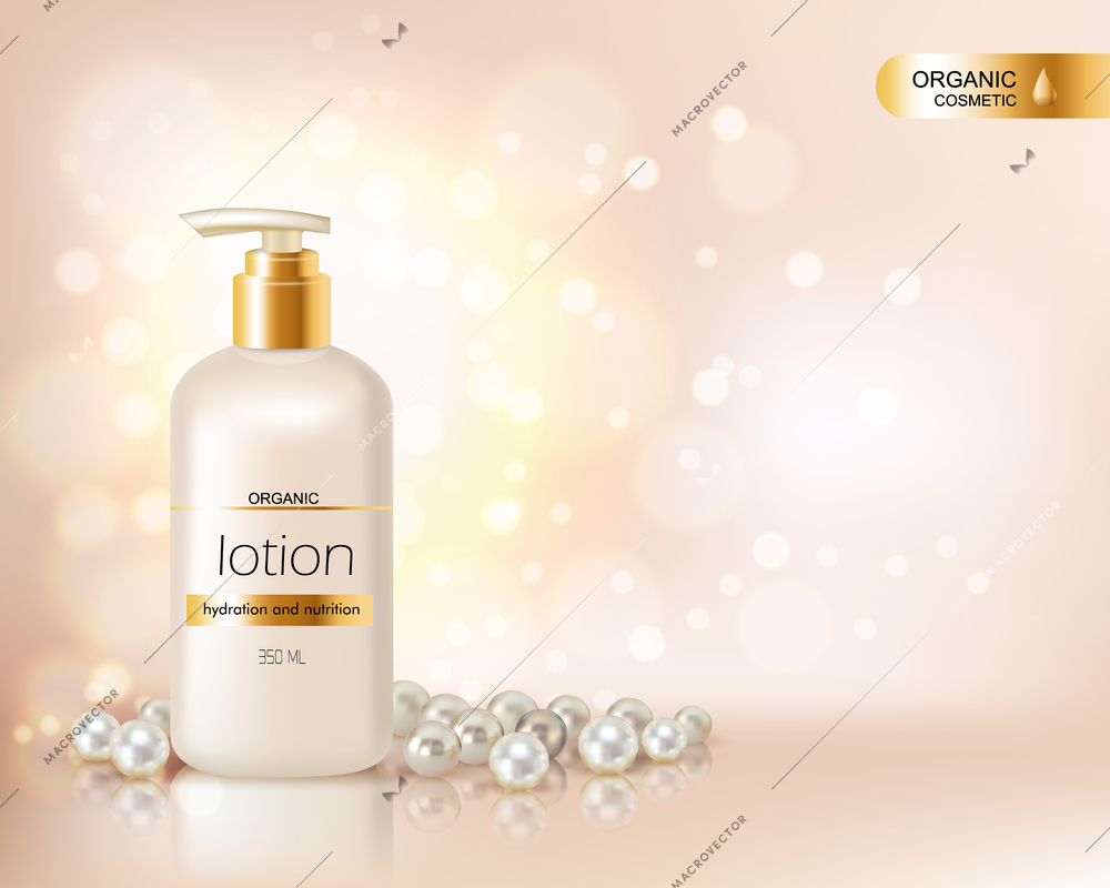 Pump top bottle with organic cosmetic lotion and gold cap decorated with scattering of pearls and glare background realistic vector illustration