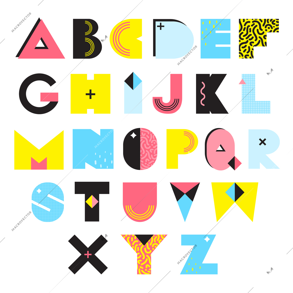 Colorful alphabet in memphis style with textures and ornaments bright geometric elements isolated vector illustration