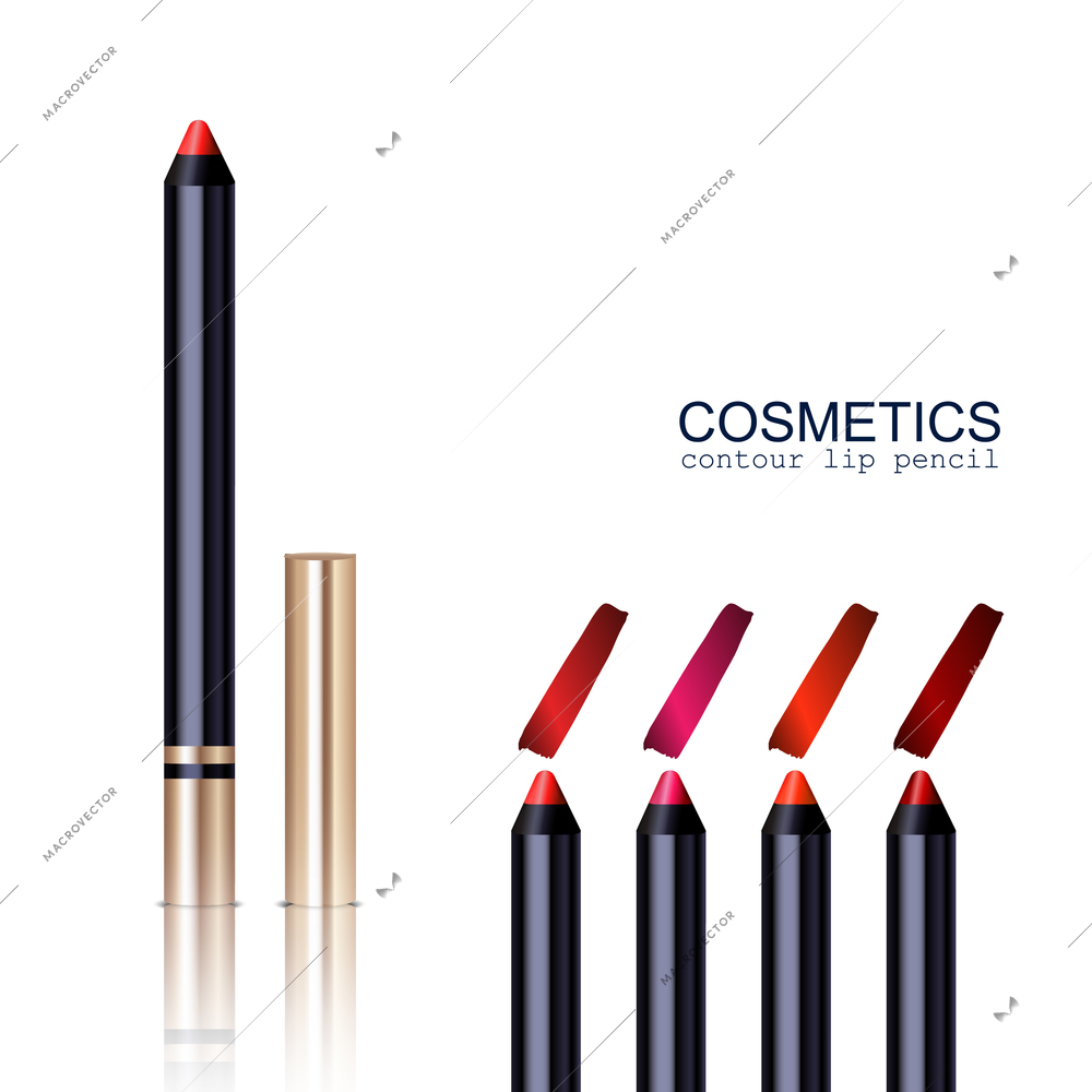 Lip pencil realistic set with different colors isolated vector illustration