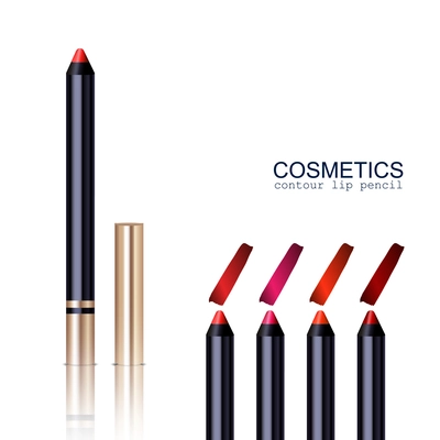 Lip pencil realistic set with different colors isolated vector illustration