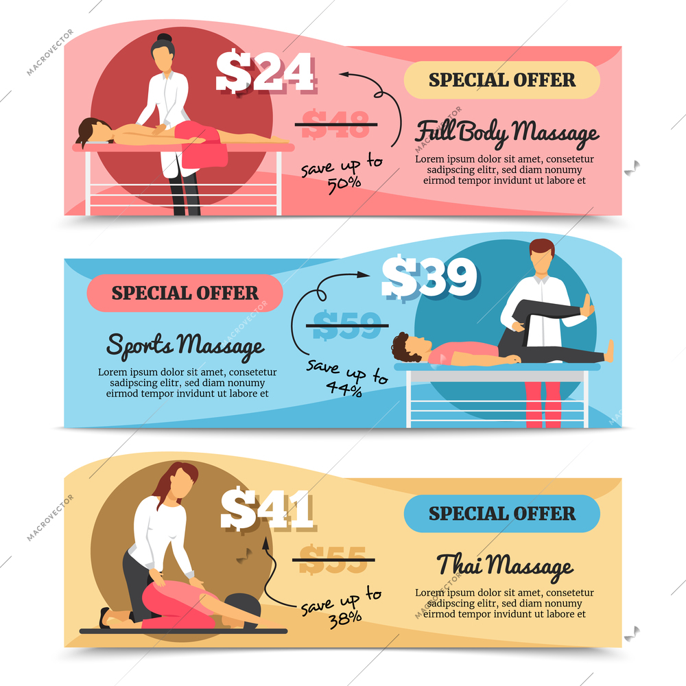 Flat design horizontal various types of massage and health care special offer banners isolated on white background vector illustration