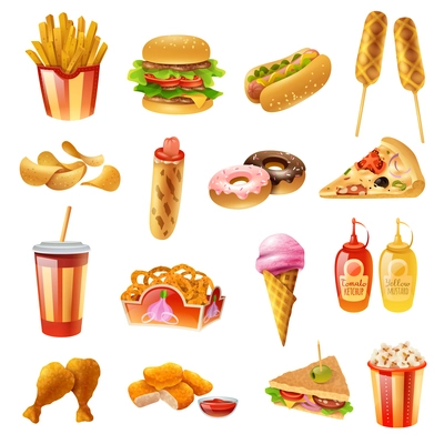 Fast food restaurant menu colorful icons collection with hotdog pizza chicken drumsticks ketchup and milkshake isolated vector illustration