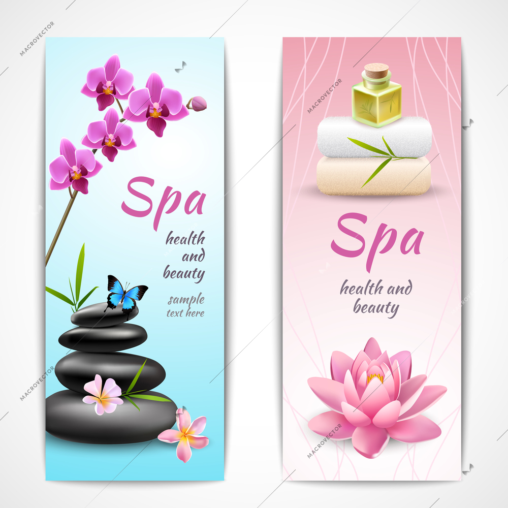 Spa beauty health care vertical banner set with orchids lotus butterfly isolated vector illustration