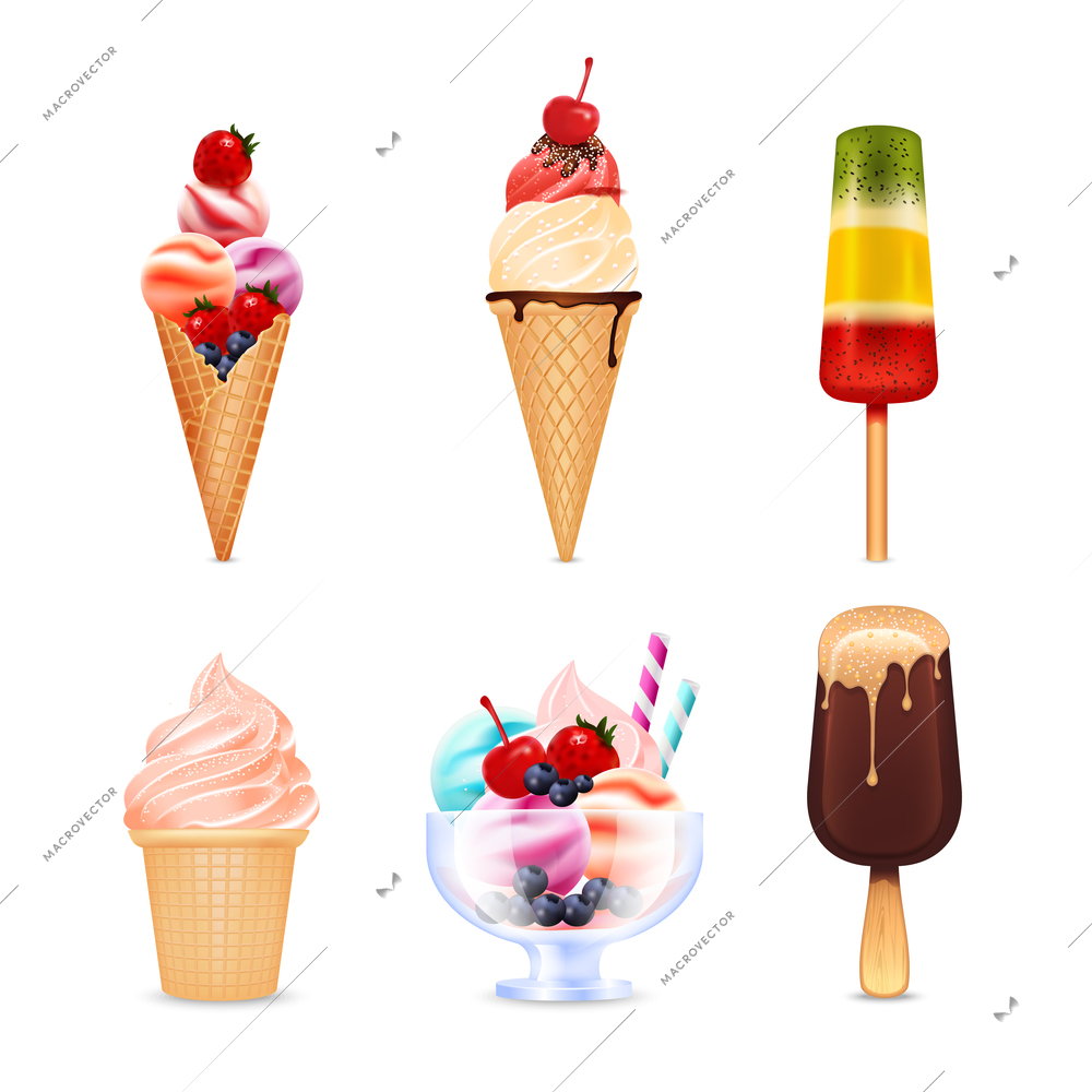 Delicious ice cream of different kinds with berries and chocolate realistic set isolated on white background vector illustration