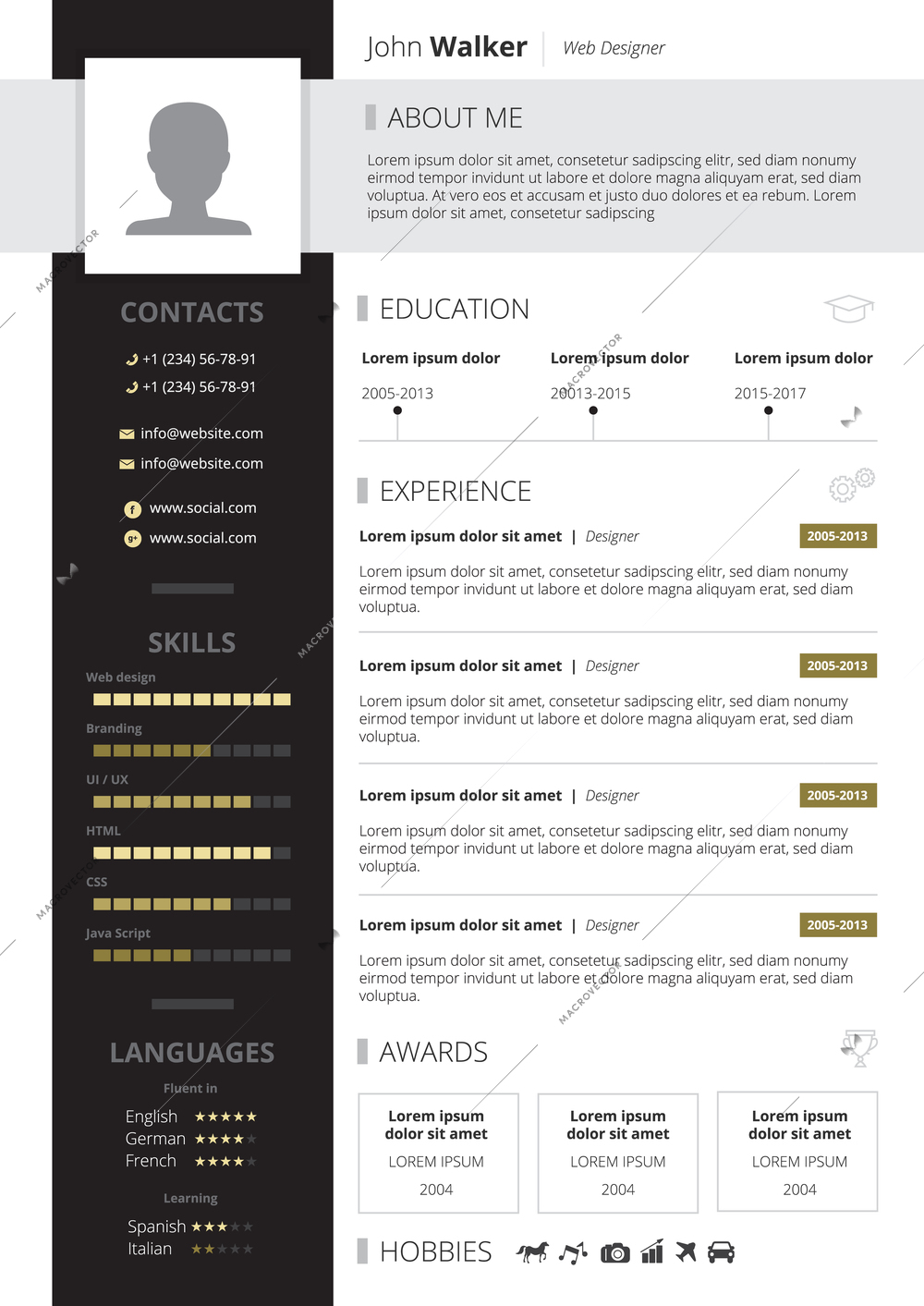 CV design with education skills and awards symbols  flat vector illustration