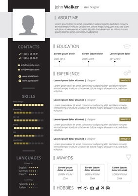 CV design with education skills and awards symbols  flat vector illustration