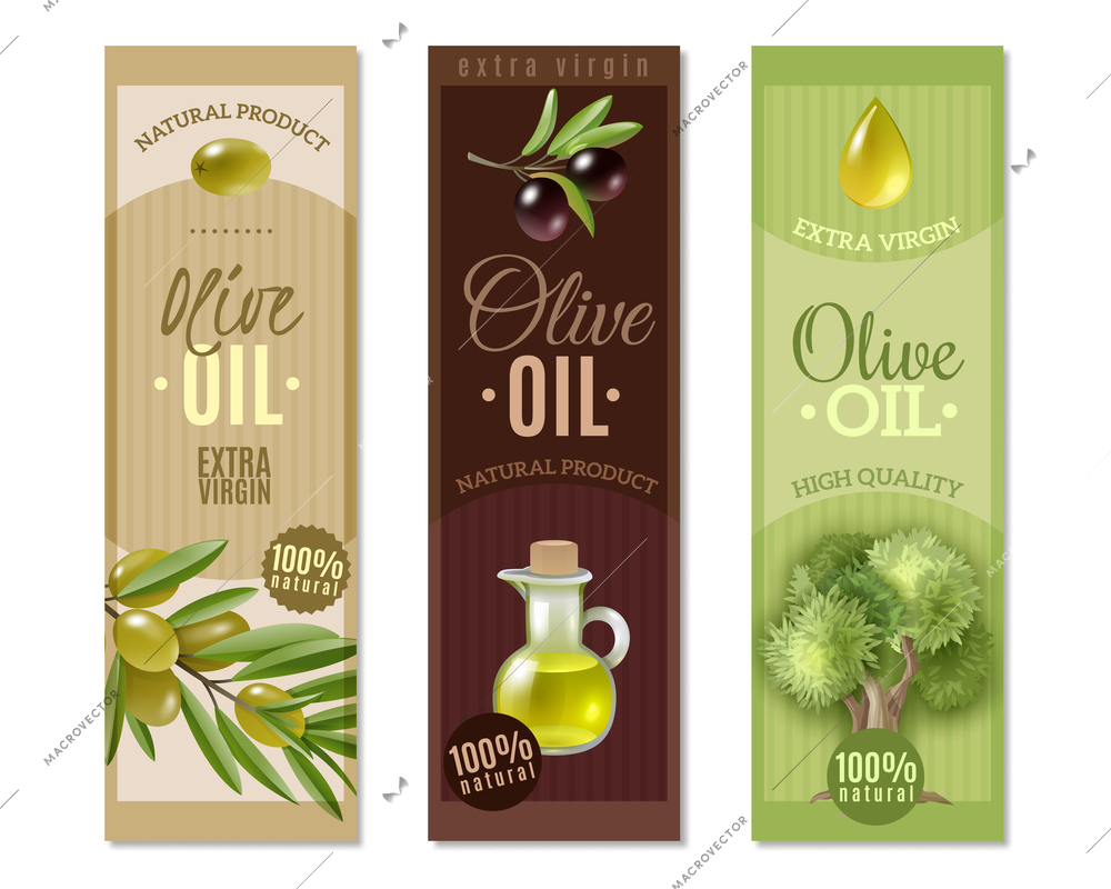 Olive cartoon vertical banners set with oil symbols isolated vector illustration